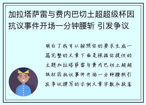 加拉塔萨雷与费内巴切土超超级杯因抗议事件开场一分钟腰斩 引发争议