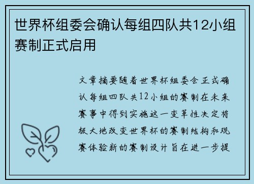世界杯组委会确认每组四队共12小组赛制正式启用
